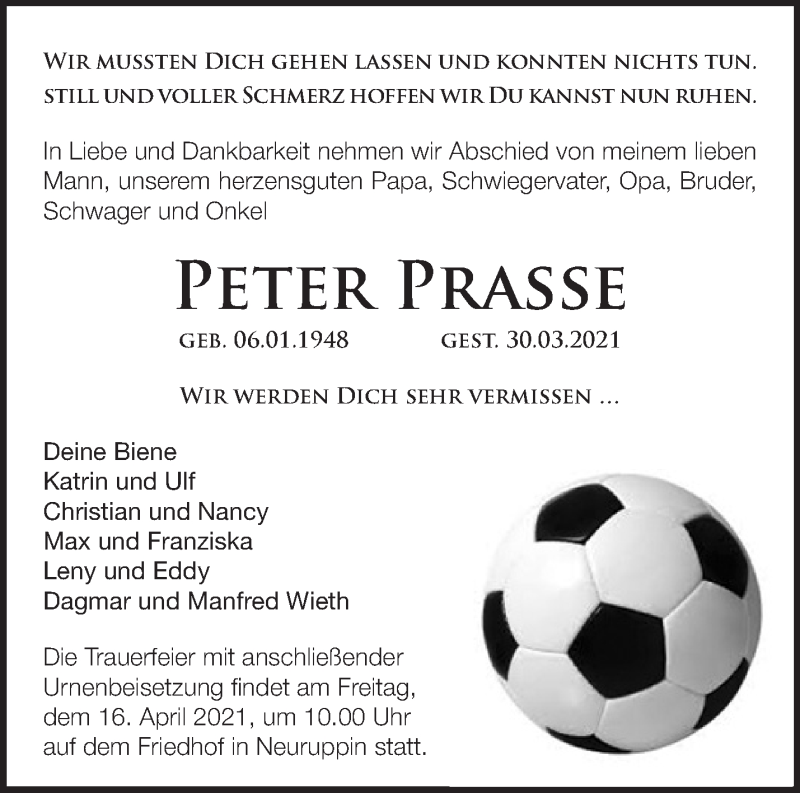  Traueranzeige für Peter Prasse vom 10.04.2021 aus Märkische Oderzeitung