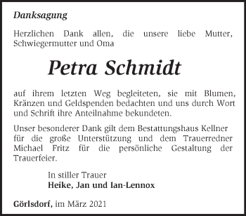 Traueranzeige von Petra Schmidt von Märkische Oderzeitung