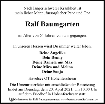 Traueranzeige von Ralf Baumgarten von Märkische Oderzeitung