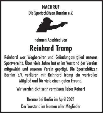 Traueranzeige von Reinhard Tramp von Märkische Oderzeitung