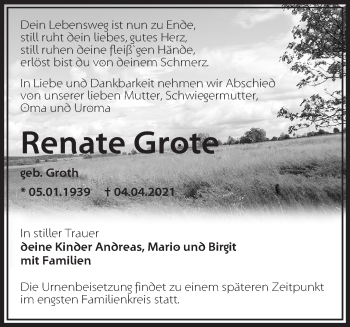 Traueranzeige von Renate Grote von Märkische Oderzeitung