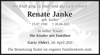 Traueranzeige von Renate Janke von Märkische Oderzeitung