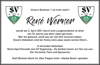 Traueranzeige von René Werner von Märkische Oderzeitung