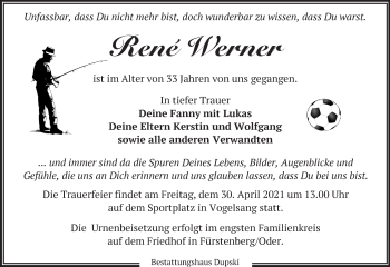 Traueranzeige von René Werner von Märkische Oderzeitung