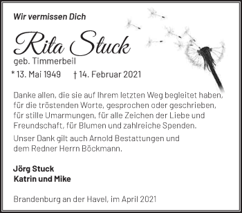 Traueranzeige von Rita Stuck von Märkische Oderzeitung