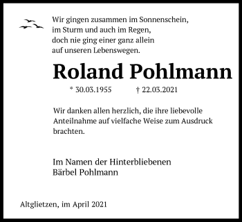 Traueranzeige von Roland Pohlmann von Märkische Oderzeitung