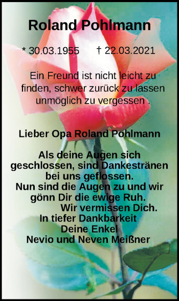 Traueranzeige von Roland Pohlmann von Märkische Oderzeitung