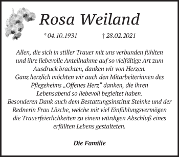 Traueranzeige von Rosa Weiland von Märkische Oderzeitung