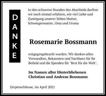 Traueranzeige von Rosemarie Bossmann von Märkische Oderzeitung