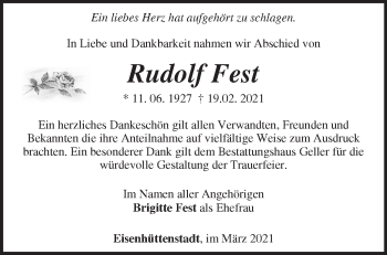 Traueranzeige von Rudolf Fest von Märkische Oderzeitung