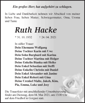 Traueranzeige von Ruth Hacke von Märkische Oderzeitung