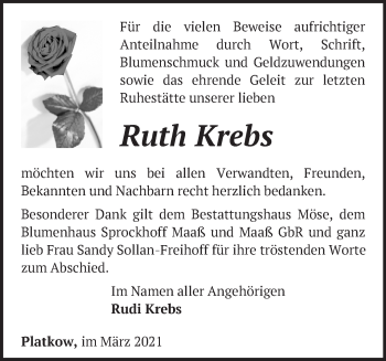 Traueranzeige von Ruth Krebs von Märkische Oderzeitung