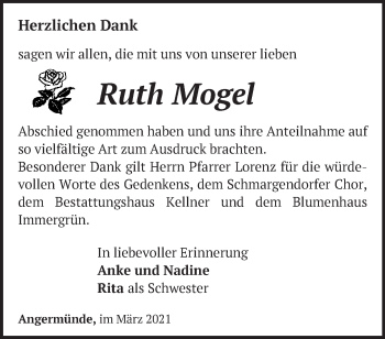 Traueranzeige von Ruth Mogel von Märkische Oderzeitung