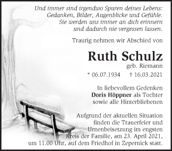 Traueranzeige von Ruth Schulz von Märkische Oderzeitung