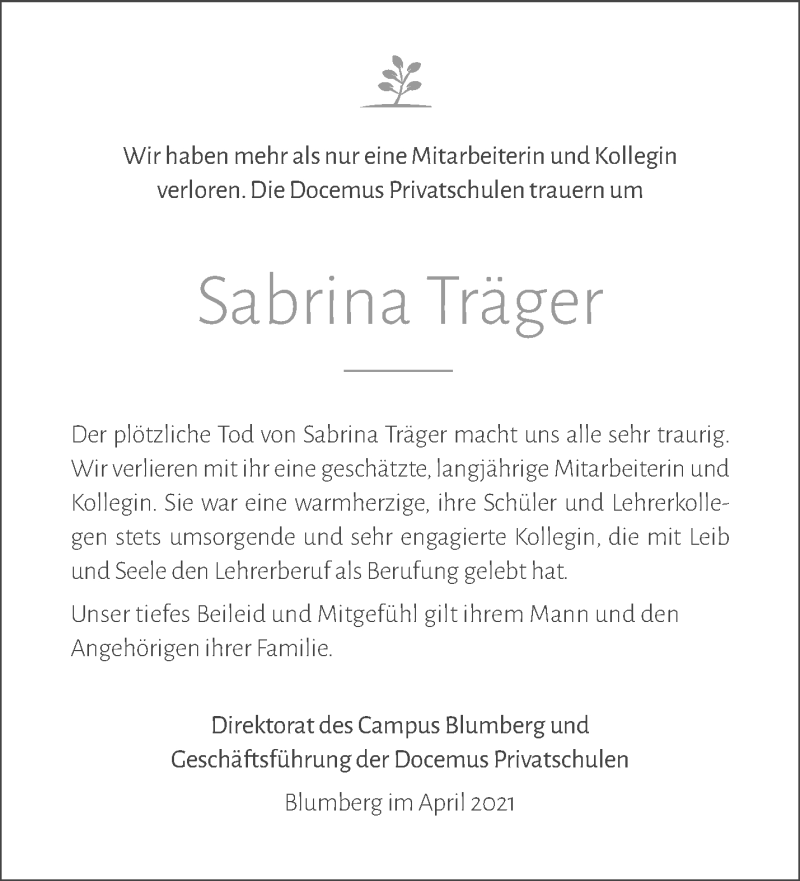  Traueranzeige für Sabrina Träger vom 17.04.2021 aus Märkische Oderzeitung