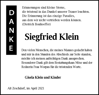 Traueranzeige von Siegfried Klein von Märkische Oderzeitung