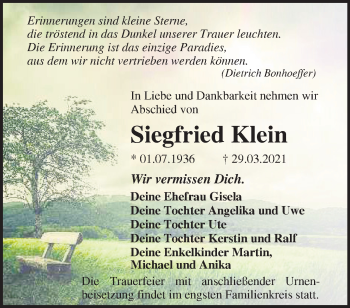 Traueranzeige von Siegfried Klein von Märkische Oderzeitung