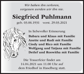 Traueranzeige von Siegfried Puhlmann von Märkische Oderzeitung