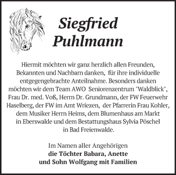 Traueranzeige von Siegfried Puhlmann von Märkische Oderzeitung