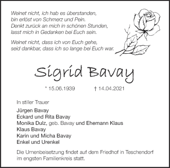 Traueranzeige von Sigrid Bavay von Märkische Oderzeitung