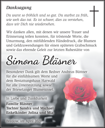 Traueranzeige von Simona Bläsner von Märkische Oderzeitung