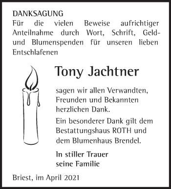 Traueranzeige von Tony Jachtner von Märkische Oderzeitung