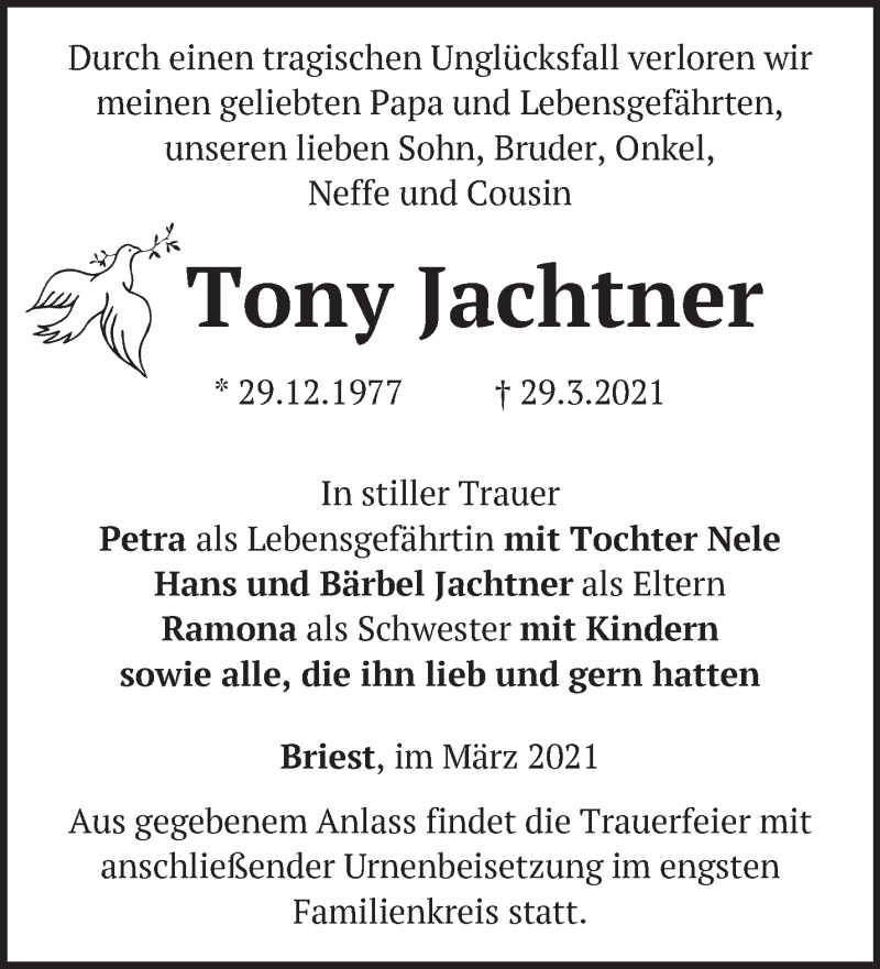  Traueranzeige für Tony Jachtner vom 10.04.2021 aus Märkische Oderzeitung