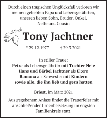 Traueranzeige von Tony Jachtner von Märkische Oderzeitung