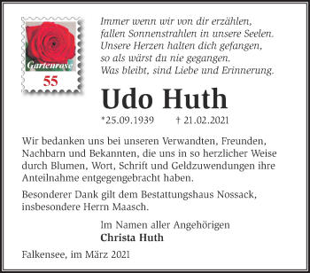 Traueranzeige von Udo Huth von Märkische Oderzeitung