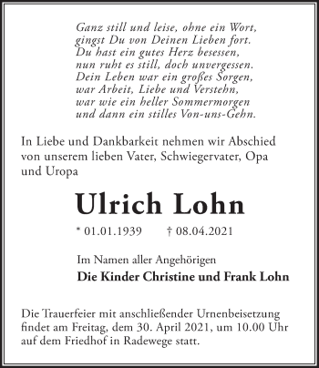 Traueranzeige von Ulrich Lohn von Märkische Oderzeitung