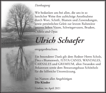 Traueranzeige von Ulrich Schaefer von Märkische Oderzeitung