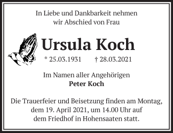 Traueranzeige von Ursula Koch von Märkische Oderzeitung