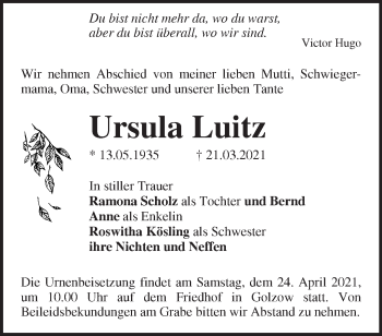 Traueranzeige von Ursula Luitz von Märkische Oderzeitung