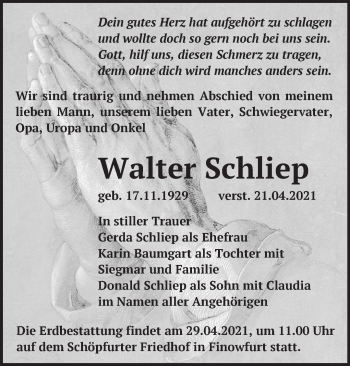 Traueranzeige von Walter Schliep von Märkische Oderzeitung