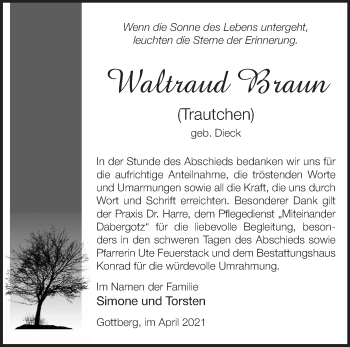 Traueranzeige von Waltraud Braun von Märkische Oderzeitung