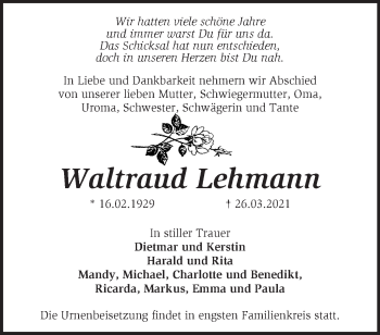 Traueranzeige von Waltraud Lehmann von Märkische Oderzeitung