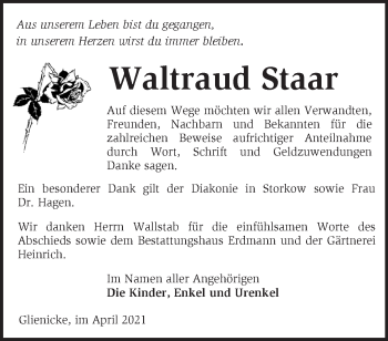 Traueranzeige von Waltraud Staar von Märkische Oderzeitung