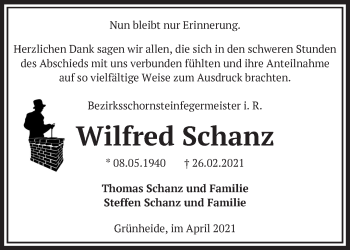 Traueranzeige von Wilfred Schanz von Märkische Oderzeitung