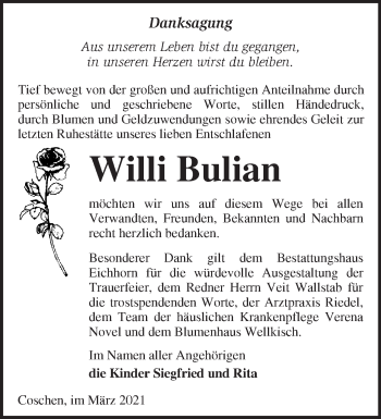 Traueranzeige von Willi Bulian von Märkische Oderzeitung