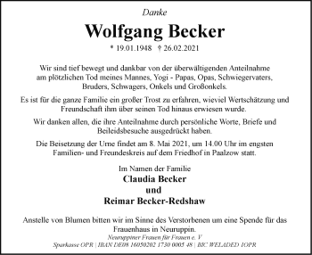 Traueranzeige von Wolfgang Becker von Märkische Oderzeitung