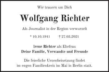 Traueranzeige von Wolfgang Richter von Märkische Oderzeitung