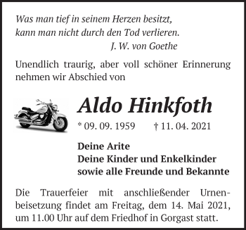 Traueranzeige von Aldo Hinkfoth von Märkische Oderzeitung