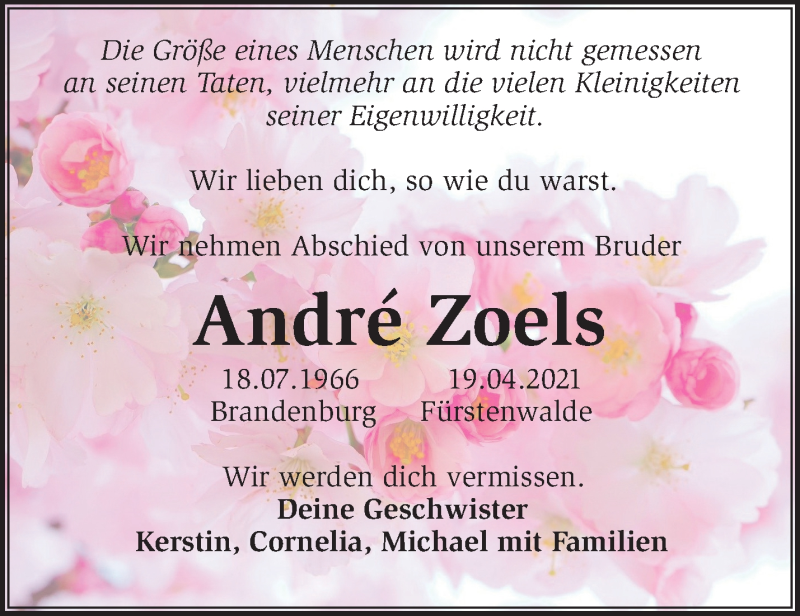  Traueranzeige für André Zoels vom 02.05.2021 aus Märkische Oderzeitung