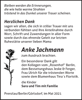 Traueranzeige von Anke Jachmann von Märkische Oderzeitung