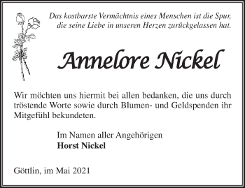 Traueranzeige von Annelore Nickel von Märkische Oderzeitung