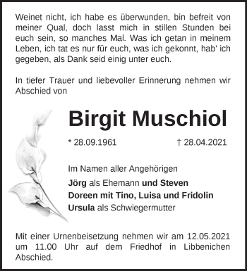 Traueranzeige von Birgit Muschiol von Märkische Oderzeitung