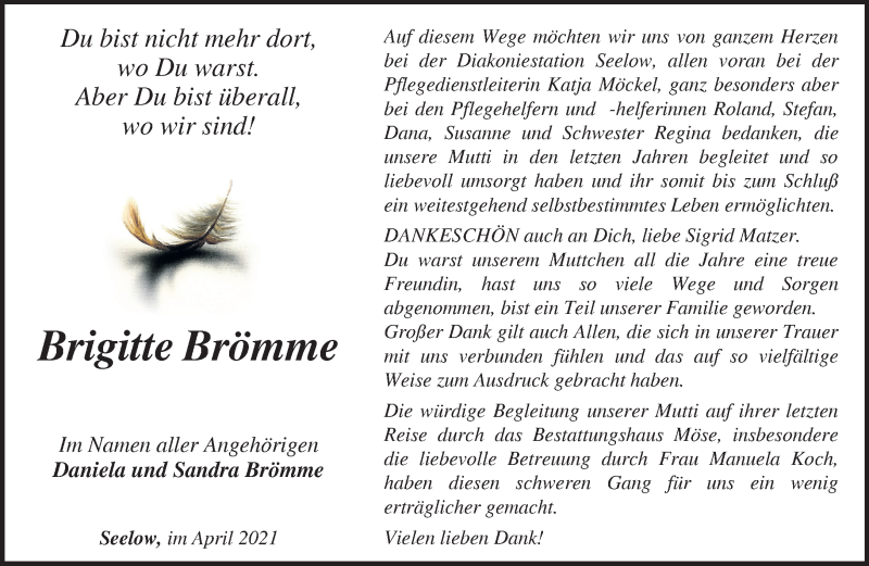  Traueranzeige für Brigitte Brömme vom 08.05.2021 aus Märkische Oderzeitung