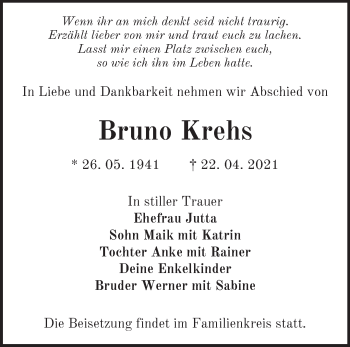 Traueranzeige von Bruno Krehs von Märkische Oderzeitung