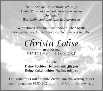 Traueranzeige von Christa Lohse von Märkische Oderzeitung