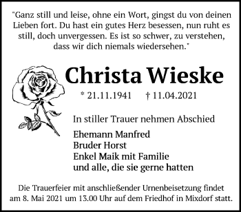 Traueranzeige von Christa Wieske von Märkische Oderzeitung